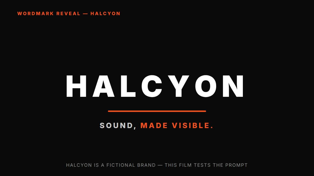 Wordmark animation prompt — text-only reveal — HyperFrames prompt (letters land one by one, then the rule draws)