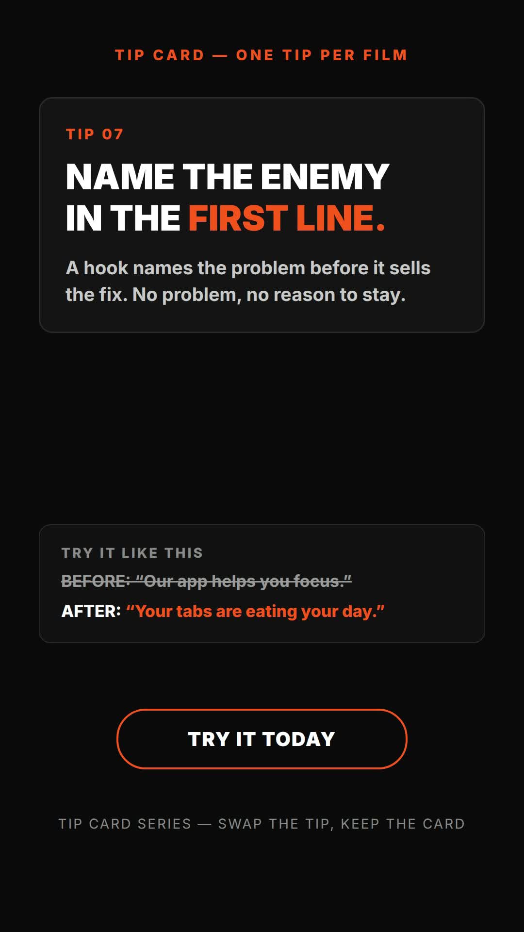Tip card prompt — one tip per film (vertical) — HTML prompt (tip card + before/after example)